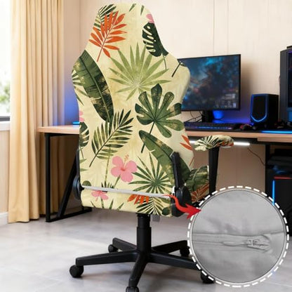 Tropical Leaf Print Gaming Chair Cover Set of 4 Dust-Proof Stretchy Computer Office Chair Cover with Armrest Covers Home Decorations - color: Green - Tropical Leaf