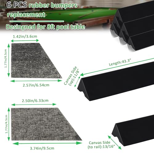 Podoy 8ft Pool Table Replacement Kit, Pool Table Bumpers (Set of 6) with Felt Cloth/Cushion Facings (Set of 12) for Billiard Rail Rubber Bumpers Home & Pro Use Billiard Rail & Pocket Accessories - color: BLACK WITHOUT CLOTH