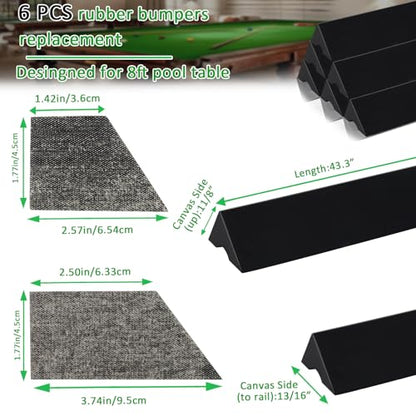 Podoy 8ft Pool Table Replacement Kit, Pool Table Bumpers (Set of 6) with Felt Cloth/Cushion Facings (Set of 12) for Billiard Rail Rubber Bumpers Home & Pro Use Billiard Rail & Pocket Accessories - color: BLACK WITHOUT CLOTH