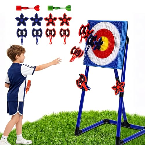 Axe Throwing Game for Backyard, 2-in-1 Axe & Dart Target Game Set with 4 Safe Throwing Axes & 6 Darts, Portable Outdoor Indoor Family Party Yard Game for Adults & Kids - color: Blue