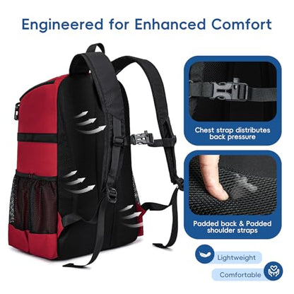 KAVIGOR Baseball Bag for Youth and Adult, Softball Backpack 40L Large Capacity, Bat Backpack with Shoes Compartment and Hidden Helmet Holder - color: Red