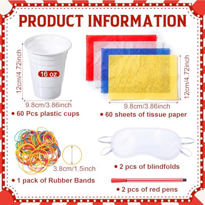 Domensi 60 Pack Carnival Party Game Punch Game Set DIY Prize Punch Boxes Includes Plastic Cups Tissue Paper Rubber Bands Blindfolds and Red Pens for Carnival Circus Activities Party Favors Supplies