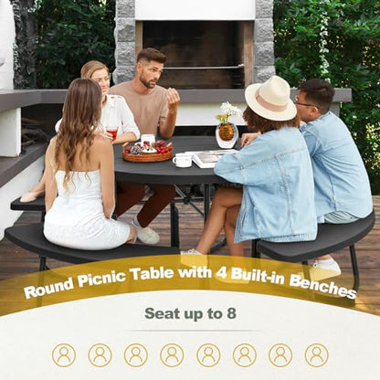 Tangkula 8 Person Picnic Table, Outdoor Round Picnic Table with 4 Built-in Benches, Umbrella Hole, Metal Frame & HDPE Tabletop, Outside Table and Bench Set for Backyard, 2300lbs Weight Capacity - color: Black
