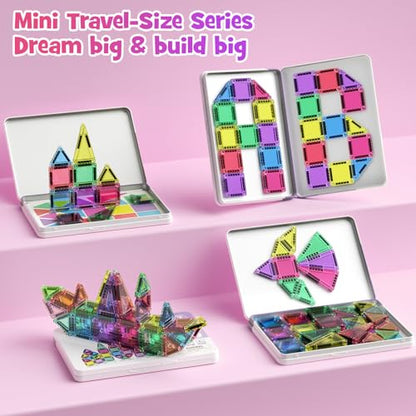 WMXDU Mini Magnetic Tiles, 40PCS Magnetic Building Blocks with Iron Box, Magnet Toys Travel Size On-The-Go Construction Set STEM Travel Toys for Boys and Girls Ages 3+ - style: Mini Magnetic Tiles