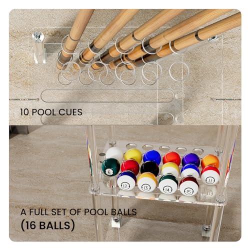 Sumerflos Acrylic Pool Stick Holder with Casters - Hold 10 Cues & 16 Balls Clear Pool Cue Rack for Billiard Game Room Portable