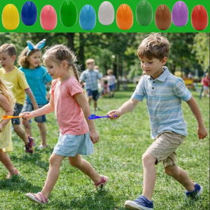Chochkees 12 Wooden Easter Eggs and 12 Wooden Spoon Race Game Set, 12 Sets, Multi-Player Carnival Game for Kids & Family Activity Holiday Outdoor Yard Easter Egg Hunt Birthday Party Lawn Games - style: 12 Players