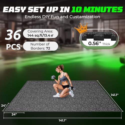 PRAISUN 0.56" Rubber Top Gym Flooring, Heavy Duty Interlocking Gym Mats for Home Gym, Non-Slip Workout Mat, 24 x 24in Large Gym Floor Mat, Protect Floors from Equipment, 144 Sq Ft, Black/Grey - size: 36 Tiles (144 Sq Ft)
