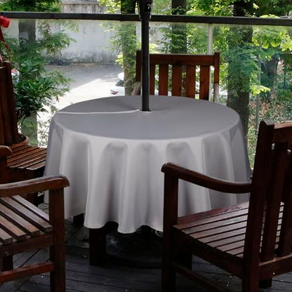 Melaluxe Spring/Summer Wrinkle-Free Waterproof Outdoor Tablecloth with Umbrella Hole and Zipper (Silver, 60" Round-Zippered) - color: Silver, size: 60" (Round)