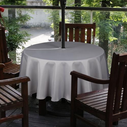Melaluxe Spring/Summer Wrinkle-Free Waterproof Outdoor Tablecloth with Umbrella Hole and Zipper (Silver, 60" Round-Zippered) - color: Silver, size: 60" (Round)