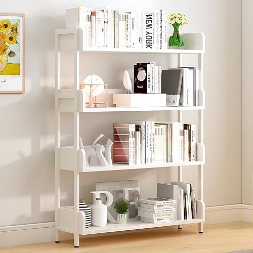OSCHF Wide Open Shelf Bookcase - Modern 4-Tier Free Standing Display Bookshelf with Three-Side Panels and Metal Frame for Home and Office, Storage Shelving, Warm White - color: White, size: 4-Tier