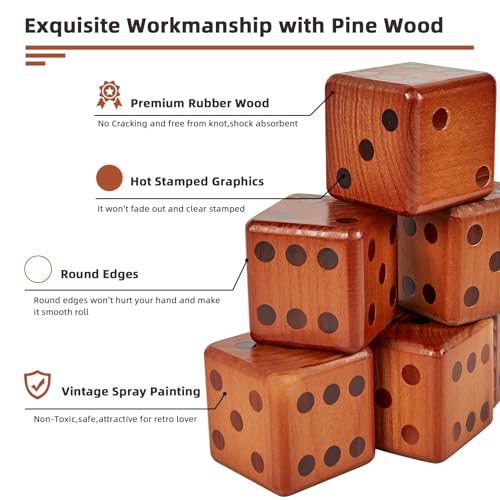 SpeedArmis 3.5" Giant Wooden Yard Dice Set - Large Lawn Yatzee with Scoreboard - Outdoor Beach Backyard Games for Adults Family (Including Collapsible Bucket)