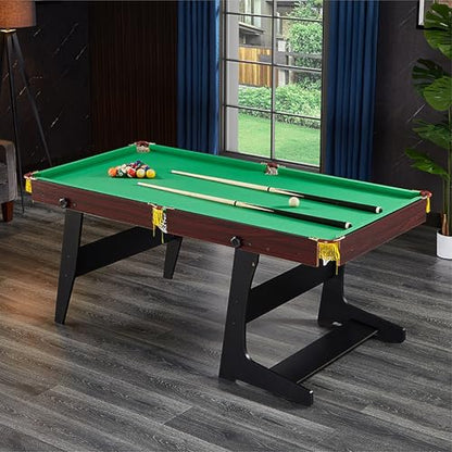 Foldable Pool Table, Compact Billiards Table with Cues, Balls, Chalk, Brush, Strong Support, for Game Room, Family, Basement