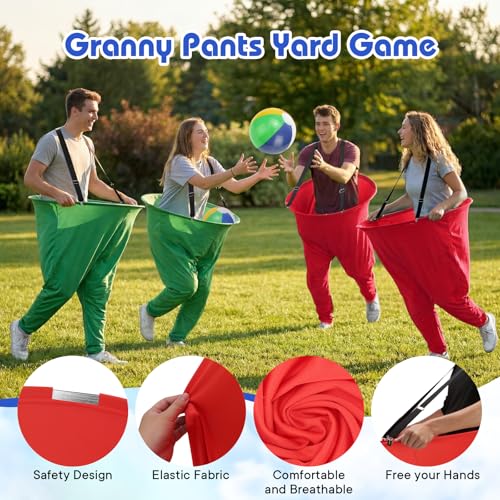 2 Pcs Granny Pants Yard Game with Suspenders, 16 Bouncy Balls & 2 Pumps - Hilarious Outdoor Party Game for Adults, Kids, Family Reunions & Field Days - color: Classic Red & Green