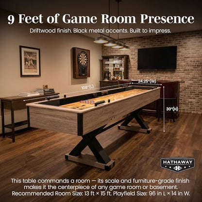 Hathaway Excalibur 9-Ft Shuffleboard Table for Great for Family Recreation Game Rooms, Designed with a Rustic Driftwood Finish with Built-In Leg Levelers, Includes 8 Pucks, Table Brush and Wax
