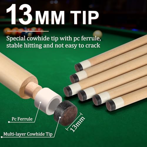 Pool Cue Stick Set of 6: 36" 42" 48" 52" 57" 13mm Tips Maple&Maras Wooden 1-Piece Billiard Cue Sticks, Pool Sticks for Adults Kids Beginners Billiards House Bar Small Space Pool Tables