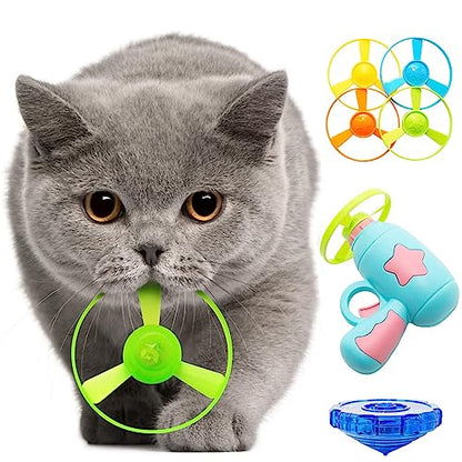 Cat Fetch Toy, Interactive Flying Cat Toy with 1 Light Up Spinning Tops, 1 LED Propellers and 4 Flying Propellers,Kitten Tracks Toy for Training Hunting Chasing(Blue) - color: Blue