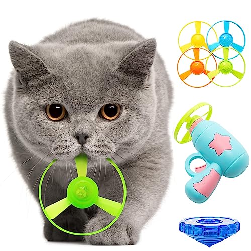 Cat Fetch Toy, Interactive Flying Cat Toy with 1 Light Up Spinning Tops, 1 LED Propellers and 4 Flying Propellers,Kitten Tracks Toy for Training Hunting Chasing(Blue) - color: Blue