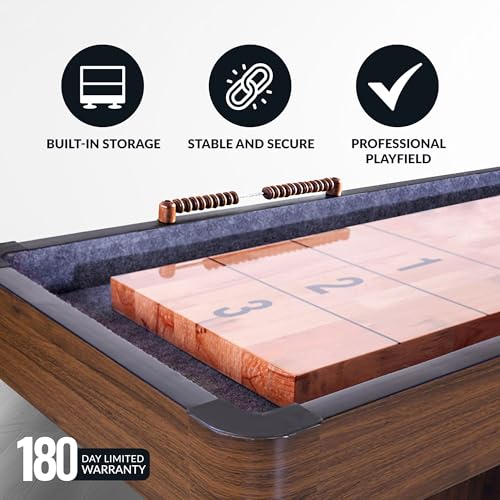 Hathaway Challenger Shuffleboard Table for Family Arcade Game Room - with Poly-Coated Playfield, Built-in Scorer & Cabinet, Climate Adjusters, Leg Levelers, 8 Pucks, Brush & Wax - Walnut Finish - size: 14-foot