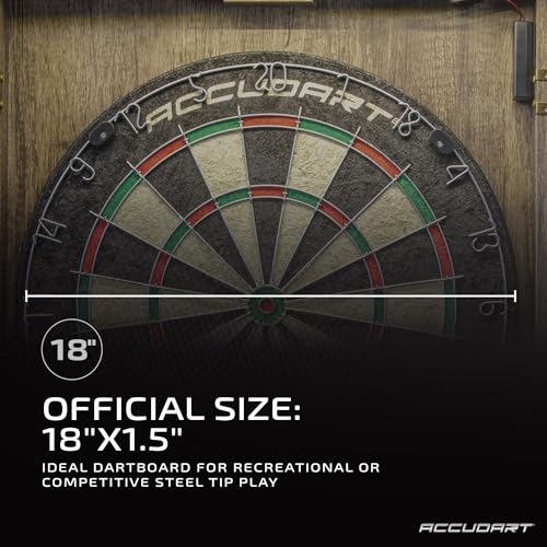 Accudart Match Pro Dartboard Cabinet Set – Official 18” Sisal Board, Self‑Healing Fibers, Modern Woodgrain Cabinet, Built‑in Dart Holders, Auto LED Lighting – Includes Scoreboards & Steel‑Tip Darts