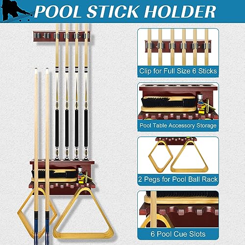 Pool Cue Rack Wall Mount Holder for 6 Sticks - Billiard Table Accessories Organizer, Burgundy - color: Burgundy