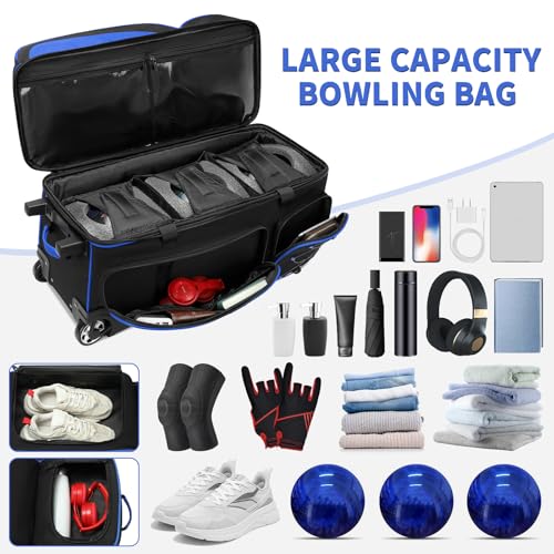 BOSSTIN 3 Ball Bowling Bags with Wheels, Secure Adhesive Fixed Ball Cup & Shoe Compartment, Bowling Ball Bag 3 Ball Roller with Multi-Pockets - color: Blue