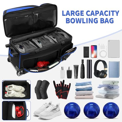 BOSSTIN 3 Ball Bowling Bags with Wheels, Secure Adhesive Fixed Ball Cup & Shoe Compartment, Bowling Ball Bag 3 Ball Roller with Multi-Pockets - color: Blue