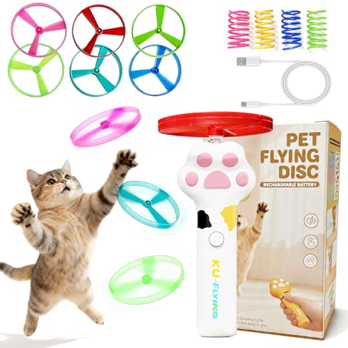 Cat & Small Dog Disc Launcher Toy, Rechargeable Flying Spinner Fetch Interactive Pet Toy with LED Lights, Adjustable Launch Control for Indoor Outdoor Play (White) - color: Fly-White