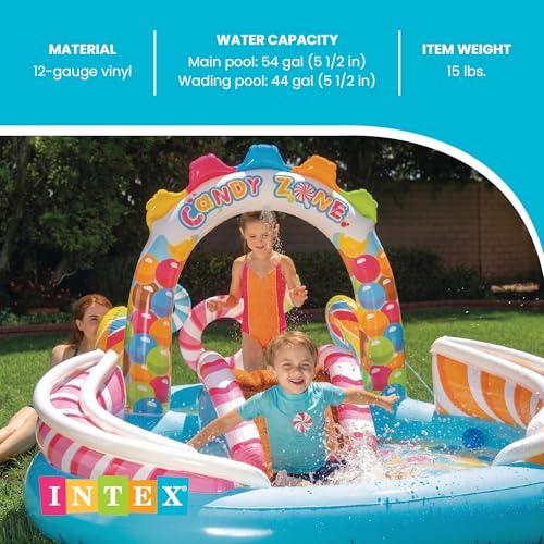 INTEX Candy Zone Inflatable Kiddie Pool: Inflatable Kids Pool with Water Sprayer and Slide – Splash Pad – 116" x 75" x 51" – Ages 3+ - color: Multicolor, size: 116" x 75" x 51"