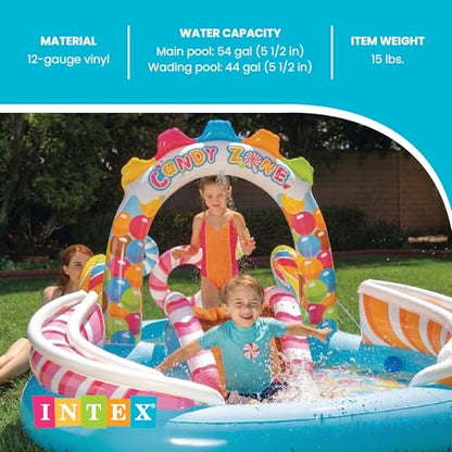 INTEX Candy Zone Inflatable Kiddie Pool: Inflatable Kids Pool with Water Sprayer and Slide – Splash Pad – 116" x 75" x 51" – Ages 3+ - color: Multicolor, size: 116" x 75" x 51"