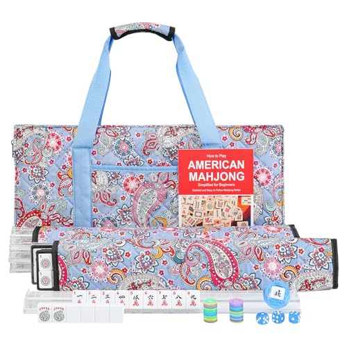 American Mahjong Game Set, 166 White Tiles, 4 Transparent All-in-One Rack/Pushers, Complete Mahjong Tile Set, Blue-Red Printed Carrying Bag - color: Blue-red