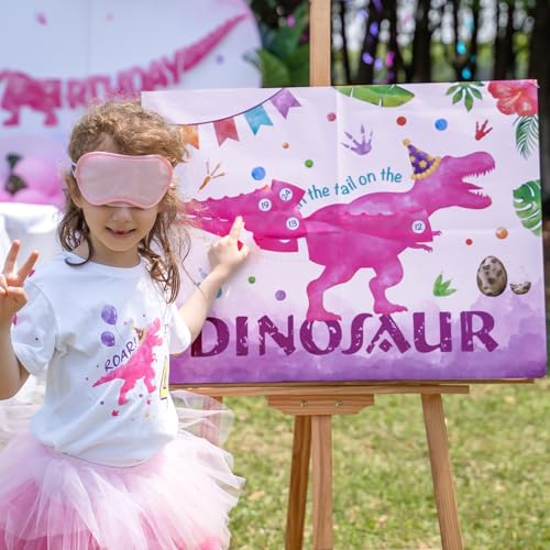 WERNNSAI Pin The Tail on The Dinosaur Game - Girl Dinosaur Party Decorations, 28" x 21" Dino Birthday Games for Kids, Includes Poster, Blindfold, 24 Pink Tails, 20 Dot Stickers - style: Dinosaur F
