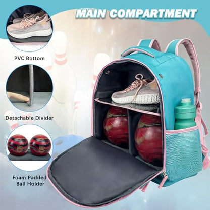 WOLT Bowling Ball Bag,2 Ball Bowling Backpack with Protective Foam Padded & Shoe Compartment Fits Up to Mens Size 16 - color: Mint green