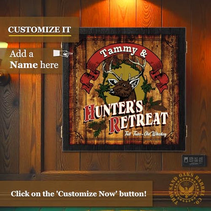 Personalized Dart Board Cabinet Set with 6 Steel Tip Darts, Paper Dartboard, Chalk & Eraser (21.5 x 21.5 x 2.75) - Man Cave Dart Boards for Adults - style: Hunter's Retreat