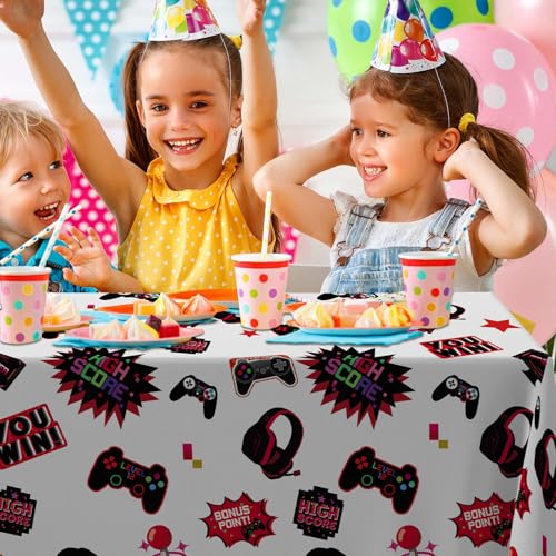 Red Video Game Party Tablecloth Gamer Birthday Party Supplies Level Up Decorations High Score Video Gaming Theme Table Cover for Dining Banquet Fiesta Picnic Anniversary Wedding Party Decorations - size: 157