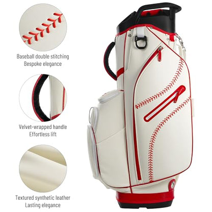 uniHimal Golf Cart Bag with 14-Way Full-Length Dividers, Premium PU Leather Golf Bag for Men Women with Plush Top, Magnetic Pocket and Rain Cover, Lightweight Golf Club Bag Includes Cooler Pockets - color: Beige Red