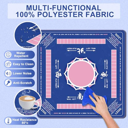 LZSIG Mahjong Mat 33"x33" - Non-Slip Noise Reduction Gaming Mat with Beginner Rules for American Mahjong, Chinoiserie Lotus Artwork Waterproof Surface with Carry Bag for Game Nights, Gift (Blue) - color: Blue