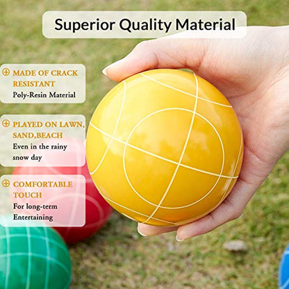 ApudArmis Bocce Balls Set, Outdoor Family Bocce Game for Backyard/Lawn/Beach - Set of 8 Poly-Resin Balls & 1 Pallino & Nylon Carrying Case & Measuring Rope (90mm) - size: 90mm Universal Size