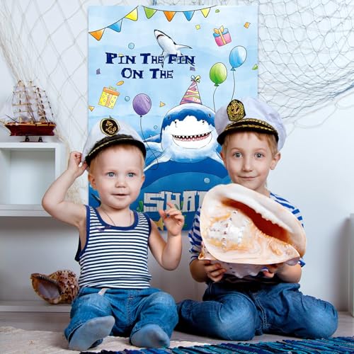 WERNNSAI Pin The Fin on The Shark Party Games - Shark Birthday Decorations Under The Sea Party Game Poster with 24 Pcs Stickers for Kids Birthday Family Classroom Activities - style: Shark