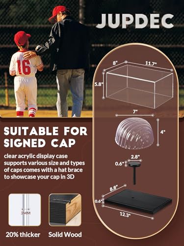 JupDec Hat Display Case, Clear Acrylic Baseball Cap Display Box Stand, UV Protection Signed Hat Transparent Showcase with Solid Wood Base Risers & Hat Shaper, Ideal Gift for Caps Collector, Black
