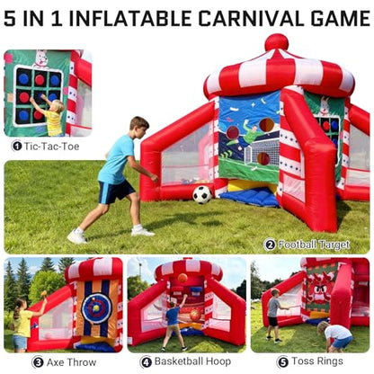 OZIS 5-in-1 Inflatable Carnival Game with Blower, Portable Basketball Hoop, Axe Throw, Soccer Target, Ring Toss, Tic-Tac-Toe for Backyard and Party, White & Red