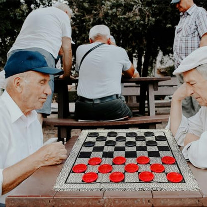 YH Poker 3 in 1 Giant Checkers Set and Tic Tac Toe Game with Reversible Rug - Indoor and Outdoor Board Game for Family, Great for Camping, Backyard, Lawn Game and Other Activities