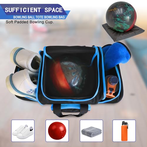 LARIPOP Bowling Ball Bag, Single Bowling Tote with Padded Ball Holder, Ventilated Shoe Pocket & Adjustable Shoulder Strap for Adult Bowlers Men Women - color: Black+TR Blue