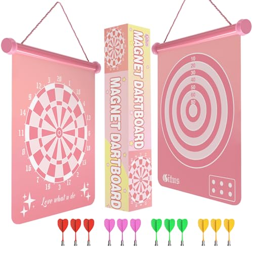 Gitus Pink Magnetic Dart Board Game for Teen Girls, 12 Soft Darts Kids Dart Set, Girls Room Wall Decor, Trendy Gift Ideas for 8-16 Year Old Teenage Girls, Safe Indoor Bedroom Play Toy