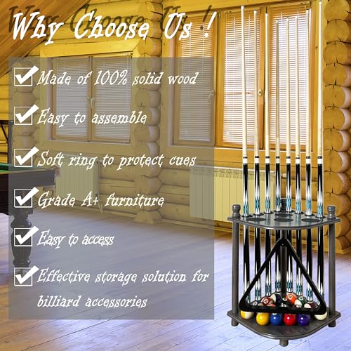 Pool Cue Rack Hold up to 8 Sticks & Billiard Accessories. Floor Stand Pool Cue Stick Holder Made of 100% Solid Hardwood.(GREY) - color: GREY