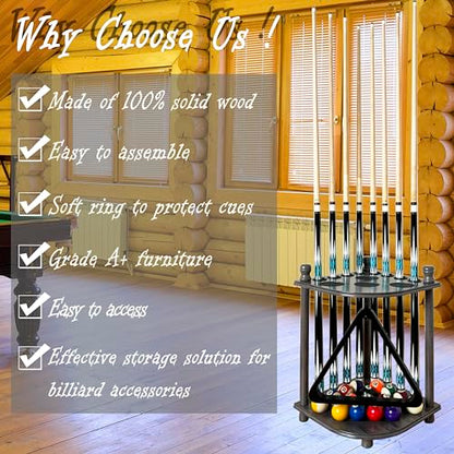 Pool Cue Rack Hold up to 8 Sticks & Billiard Accessories. Floor Stand Pool Cue Stick Holder Made of 100% Solid Hardwood.(GREY) - color: GREY