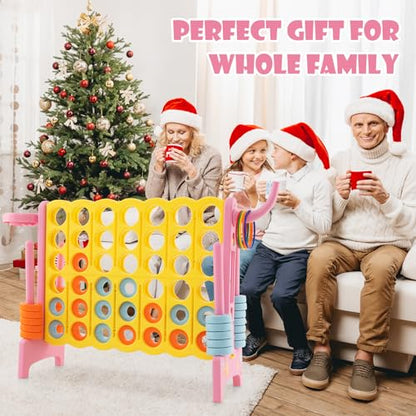 KOTEK Giant 4-in-a-Row Game, Jumbo 4-to-Score Family Game w/Quick-Release Sliders, 42 Rings, Ring Toss & Basketball Hoop, Connect Yard Games Outdoor for Kids & Adults (with Carrying Bag,Pink)