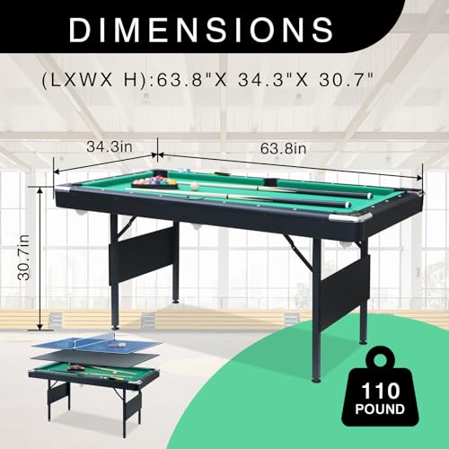 3 in 1 Pool Table Ping Pong Dining Table Combo,63.8 Foldable Billiard Tables/Table Tennis, Multi Game Table, with Billiard and Tennis Paddles Accessories - color: 3 in 1 Pool Table+Green