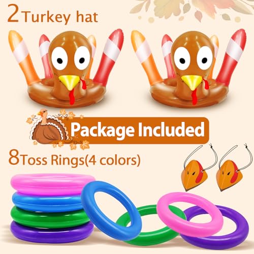 2 Pack Thanksgiving Ring Toss Games Toys for Kids Thanksgiving Inflatable Turkey Hats Toss Games Thanksgiving Family School Party Favors Decor Indoor Outdoor Party Game(2 Turkey Hats, 8 Rings)