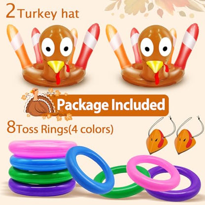 2 Pack Thanksgiving Ring Toss Games Toys for Kids Thanksgiving Inflatable Turkey Hats Toss Games Thanksgiving Family School Party Favors Decor Indoor Outdoor Party Game(2 Turkey Hats, 8 Rings)