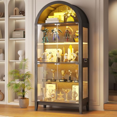 Gurexl 5-Tier Arched Glass Display Cabinet, Motion Sensor RGB LED Showcase with Music Sync Light & Adjustable Shelves, Tempered Glass Curio Cabinet for Action Figures Trophies Collectibles, Black - color: Black-80008a
